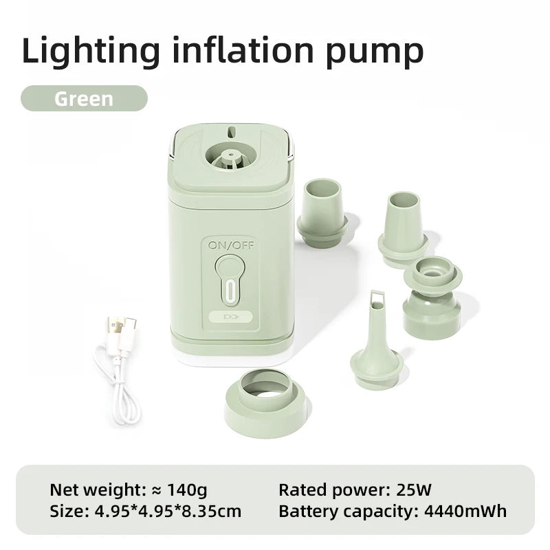  3-in-1 Mini Electric Air Pump with LED Light – Portable Wireless Inflator & Deflator with USB-C Charging for Camping, Emergency Lighting, and Outdoor Adventures