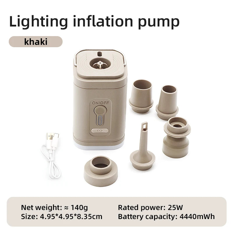  3-in-1 Mini Electric Air Pump with LED Light – Portable Wireless Inflator & Deflator with USB-C Charging for Camping, Emergency Lighting, and Outdoor Adventures